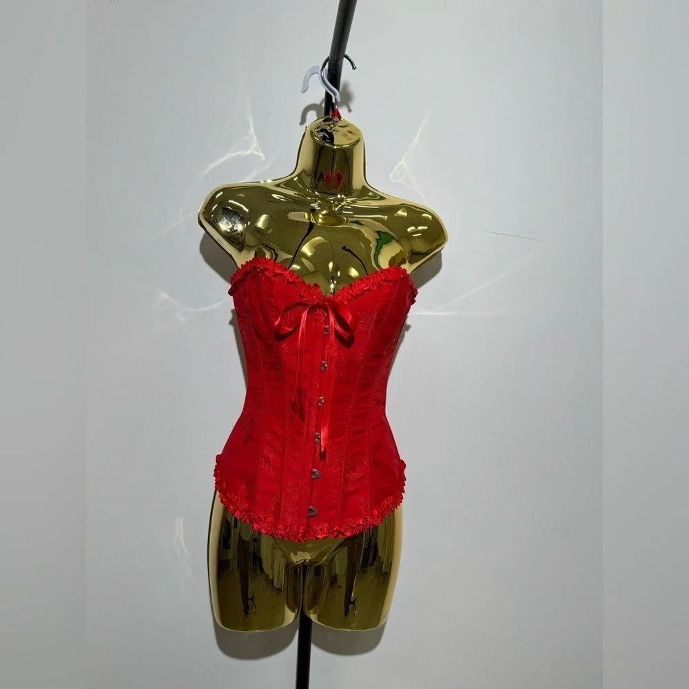 Red Satin Lace Up Corset XS Strapless Bustier Top Y2K